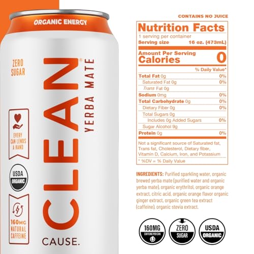CLEAN Cause Zero Sugar Yerba Mate Organic Energy Orange Ginger, 12Pack 16oz