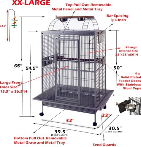 Large Double Ladders Open Play Top Wrought Iron Bird Parrot Parakeet Finch Macaw Cockatoo Cage, Include Seed Guard and Toy Hook (30.5''L x 29.5''W x 65''H, Black Vein)