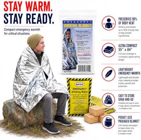 Ready America 3000, 1-Person 3-Day Survival Box, Food Water Blanket | 2400 Calorie Food Bar, Water Pouches, Emergency Blanket, Heat-Retaining Shelter