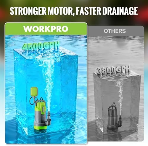 WORKPRO 1HP 4500 GPH Submersible Sump Pump with Automatic Float Switch | Handles Clean & Dirty Water, Ideal for Pool Draining, Flooded Basements