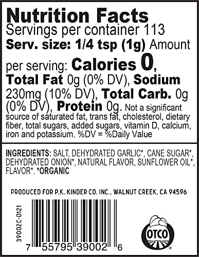 Kinder's Organic Buttery Garlic Salt, Premium Quality Seasoning, MSG Free and USDA Certified Organic, 2.75 oz