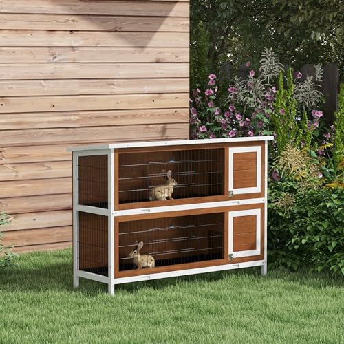 PawHut 54" 2-Story Large Rabbit Hutch Bunny Cage Wooden Pet House Small Animal Habitat with Lockable Doors, No Leak Tray and waterproof Roof for Outdoor/Indoor Orange | Wooden Pet House, Small Animal Habitat, No Leak Tray, Waterproof Roof, for Chickens D…