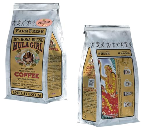 Hula Girl 10% Kona Ground Coffee, Grown in Hawaii, Hand Picked, Sun Dried, Fresh Roasted and Packed in Hawaii for 30 years, 7 Ounce