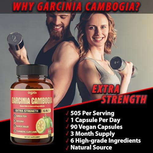Pure Garcinia Cambogia Capsules - 6in1 with Green Tea, Arjuna, Garlic Bulb, Turmeric & Black Pepper - 90 Counts