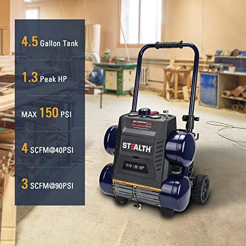 Stealth Quiet Air Compressor with Wheel, 64 Decibel 4.5 Gallon Peak 1.3 HP Max 150 PSI, Oil-Free Air Pump