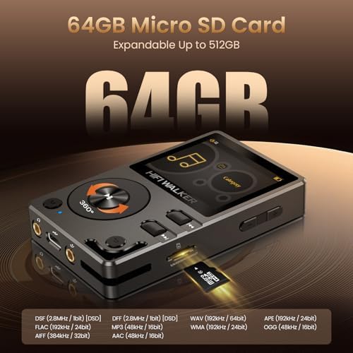 HIFI WALKER H2 Hi-Res Bluetooth MP3 Player with 64GB MicroSD Card, Portable Lossless Digital Audio Player with ESS DAC, DSD FLAC Support, USB DAC