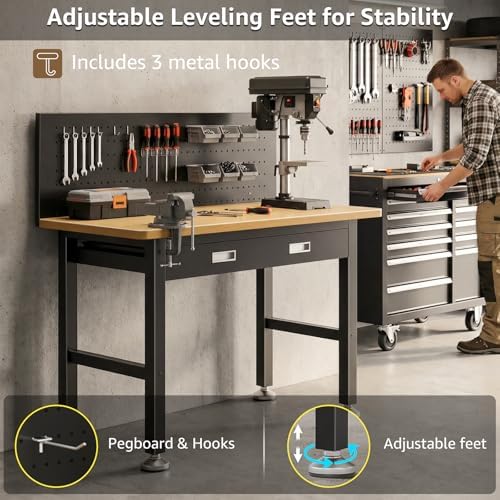 39.4" Workbench with Drawer and Pegboard - Heavy Duty Steel Garage Work Table, Small Tool Bench for Workshop, Woodworking, Crafting & Repair