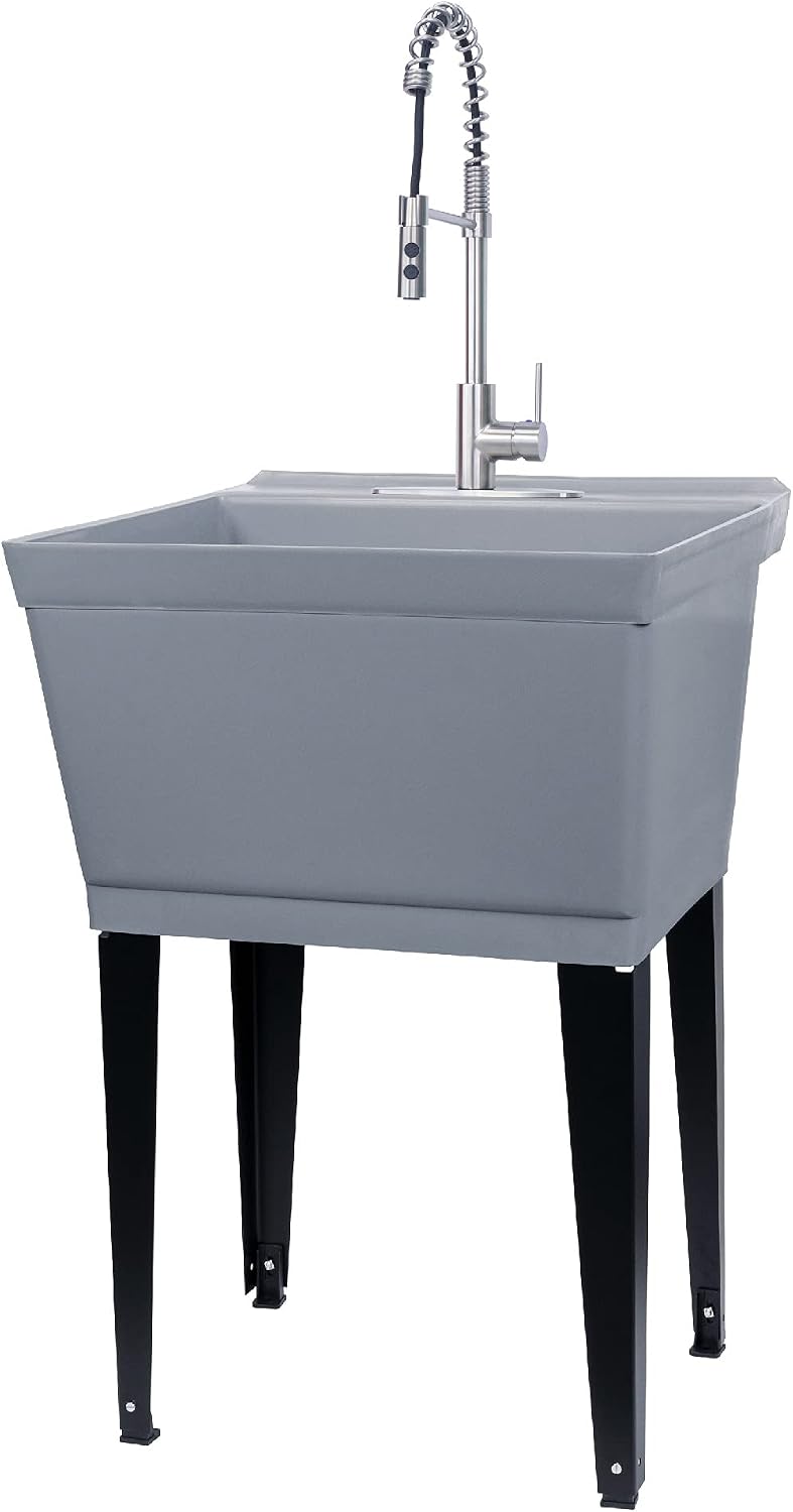 Utility Sink Extra-Deep Laundry Tub in White with High-Arc Stainless Steel Coil Pull-Down Sprayer Faucet, Integrated Supply Lines, P-Trap Kit