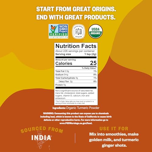 FGO Organic Turmeric Powder w/Curcumin, 8oz Resealable Pouch, USDA Organic and Non-GMO, Sourced from India, Packaging May Vary (Pack of 1)