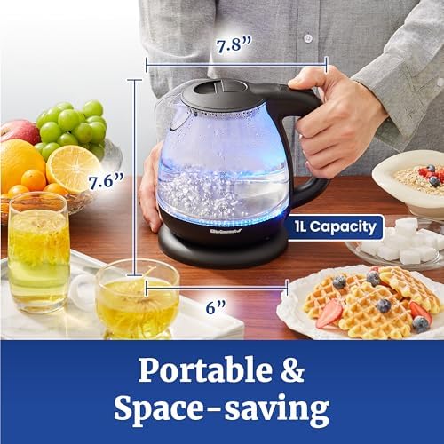 Elite Gourmet EKT1001 1.0L Glass Kettle, 1100W, Cordless Base, Black