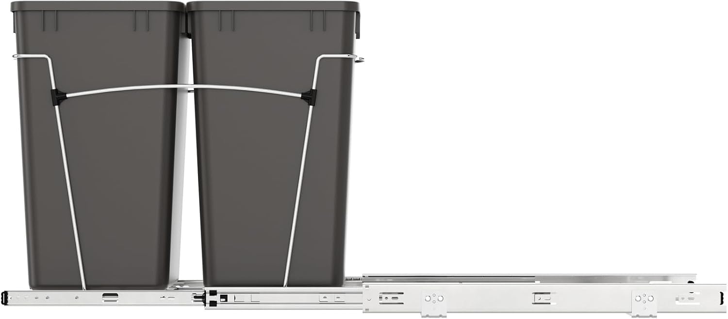 Rev-A-Shelf Double 27 Qt Pullout Trash Can for Base Kitchen Cabinets, Garbage Waste Bin System with Full Extension Slides, Min Opening Width of 11.5", Metallic Silver, RV-15KD-17C S