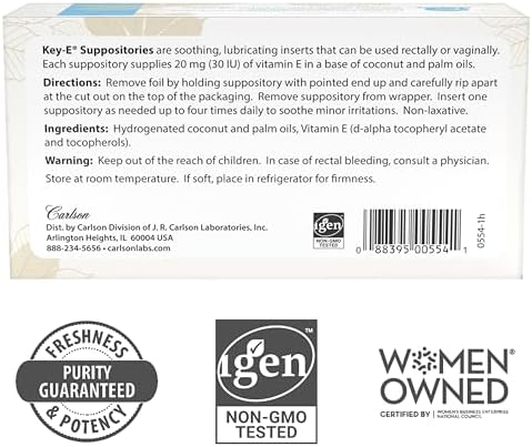 Carlson Key-E Suppositories, 30 IU (20 mg), Vitamin E Suppository, 24 Count | Lubricates Dry Areas; For Women and Men
