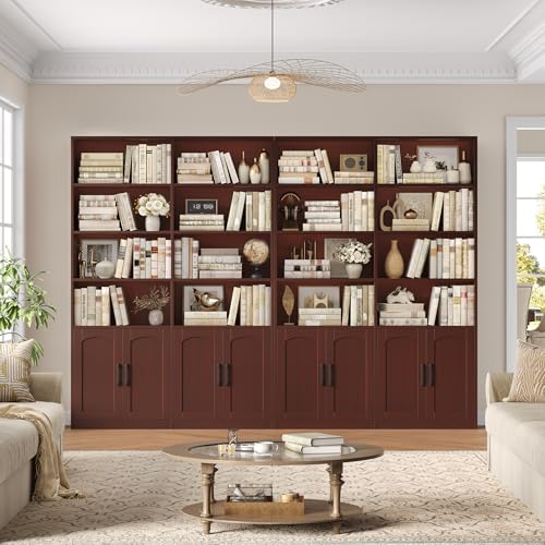 Bookshelf and Bookcase with Doors, Double Wide Large Bookshelves | Industrial Open Display Shelves 6 Tier, 73'' Tall Bookshelf with Storage Cabinets for Office,Home, Living Room, Library,White
