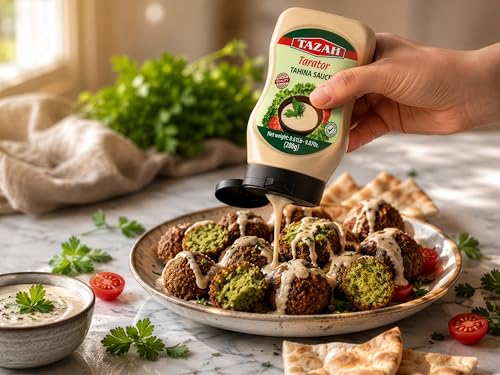 TAZAH Lebanese Tahini Sauce, 9.87 OZ Squeezable Bottle, Tarator Sesame Dressing & Dip for Shawarma, Falafel, Fish, Vegetables