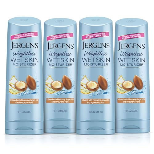 Jergens In Shower Lotion For Dry Skin, Wet Skin Moisturizer, 10 oz, 4 Pack | Argan Oil, Hyaluronic Acid, Fast Absorption, Non-Sticky Formula, Dermatologist Tested