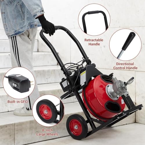 100 ft x 1/2 Inch Auto-Feed Drain Cleaner Machine, 370W Portable Sewer Snake Auger with 8 Interchangeable Cutters & Foot Pedal