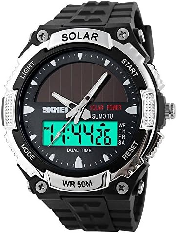 MASTOP Solar Powered Energy Watch for Men Military Digital Multifunctional Led Luminous Indication 2 Time Zone 50m Waterproof Watch Reloj Solar para Hombre