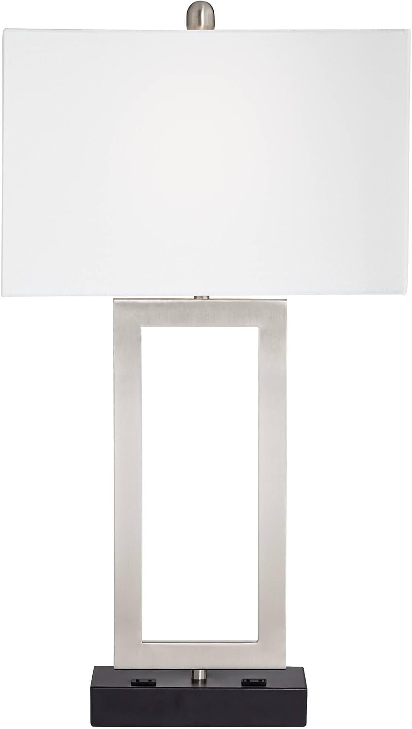 Todd 30" Large Table Lamp USB Brushed Nickel AC Power Outlet Modern | Hotel Charging Ports Living Room Bedroom House Bedside Nightstand Home Office Family Rectangle White Shade