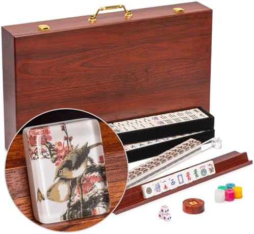 Yellow Mountain Imports American Mahjong Set, Little Birdie with Wooden Case, Wooden Racks with Acrylic Pushers, Wright Patterson Scoring Coins, Dice, & Wind Indicator