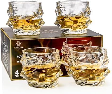 GLASKEY 12 oz Storm Japanese Whiskey Glasses Set of 4, Unique Cognac Glasses, Heavy Thick Bottom Bar Glass for Scotch Bourbon Rum Gin Water Cocktail,Gifts Men Gifts Ideas