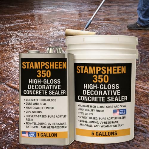 High Gloss Wet Look Decorative Concrete Sealer – Solvent-Based Acrylic Cure & Seal, UV-Resistant, Non-Yellowing Protective Film – Concrete & Paver Sealer for Outdoor Surfaces - Stampsheen 350 5gl