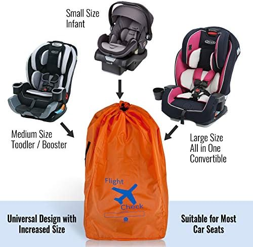 Car Seat Travel Bag and Carrier for Gate Check with Travel Pouch - Bright Orange with Blue Letters for Airport, Airplane Gate Check