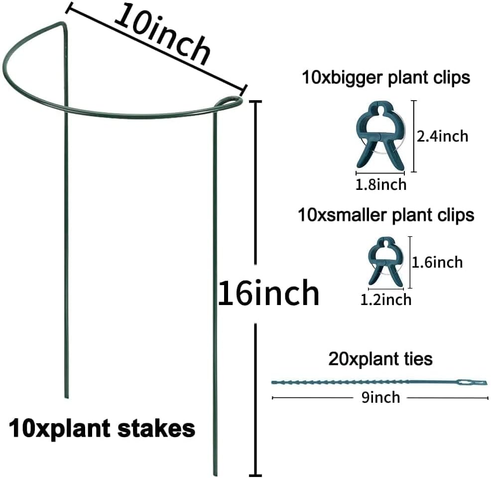 TCBWFY 10 Pack Garden Plant Support Stakes, 10" Widex16 High Heavy Duty Interlinked Half Round Peony Support Ring Cage for Indoor Outdoor Plants