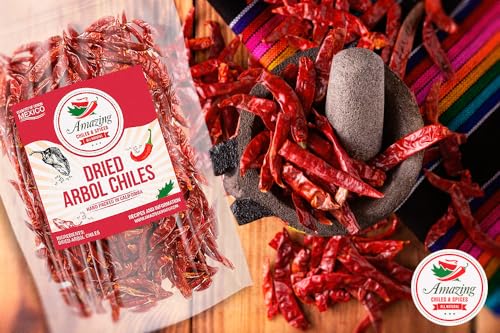 Chile De Arbol 4oz - Dried Whole Red Chili Peppers, Premium All Natural Stemless, Resealable Bag. Use in Mexican, Chinese and Thai Dishes. Spicy Hot Heat Full of Flavor
