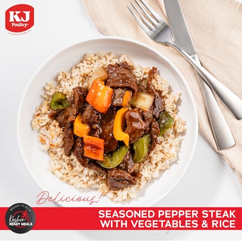 KJ Poultry Kosher Ready Meals - Beef Pepper Steak & Rice, MRE Meat Meals Ready to Eat (1 Pack) Prepared Entree Fully Cooked, Shelf Stable Microwave Dinner Travel, Military, Camping, Emergency Survival