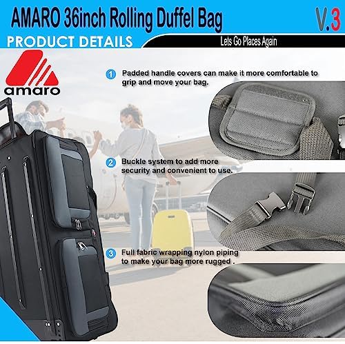 AMARO 36 Inch Rolling Duffle Bag with Wheels, Extra Large Heavy Duty Travel Duffel Luggage with Telescopic Handle, Multiple Pockets, Collapsible Storage, Black/Grey