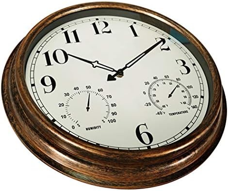 16 Inch Large Outdoor Wall Clock, Waterproof Vintage Non-Ticking Clock with Thermometer and Hygrometer Combo