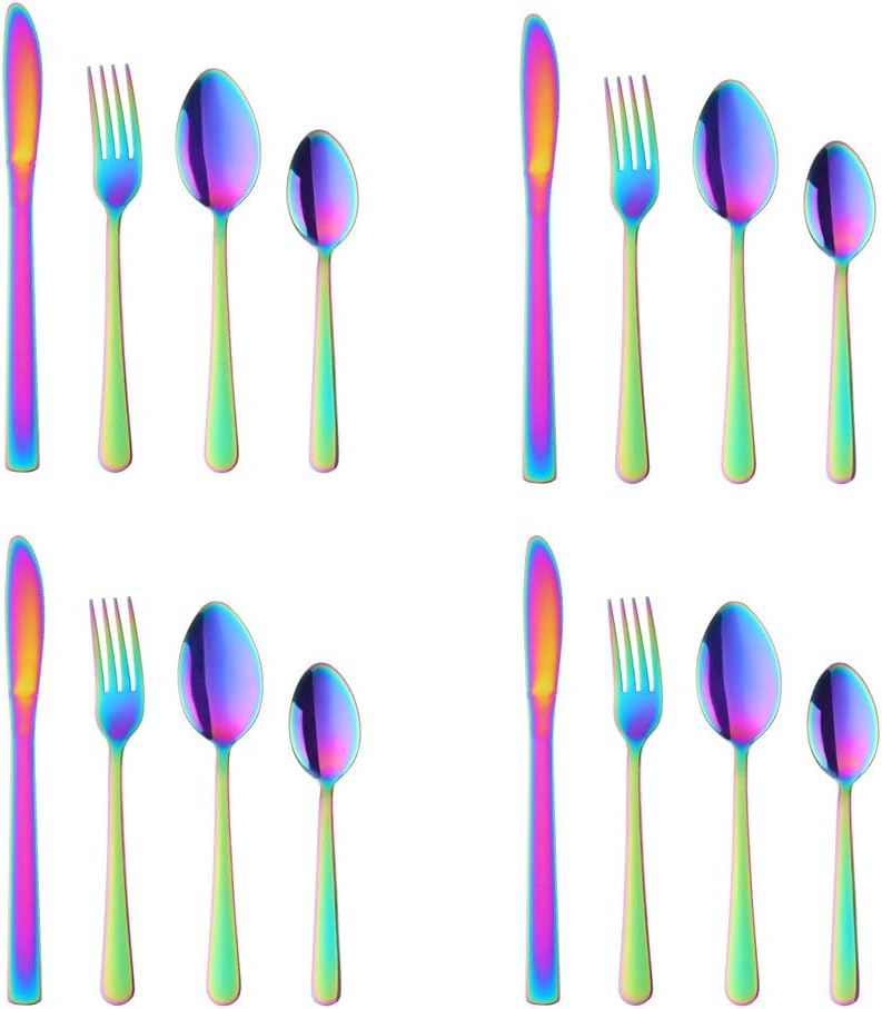 BuyGo Rainbow Silverware Set Flatware Set Stainless Steel Colorful Dinnerware Set 16-Piece Multicolor Cutlery Set, Service for 4