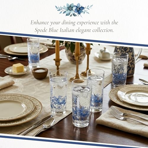 Spode Blue Italian Highball Glasses, 15 Oz - Blue & White, Set of 4 | Blue Italian Collection, Tall Tumbler for Serving Mojitos, Cocktails, Spritzers & Fruit-Infused Beverages, Glass Construction