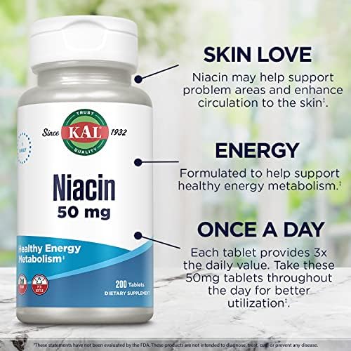 Kal 50 Mg Niacin Tablets, 200 Count | Healthy Metabolism, Skin, Nerve & Digestive Support - Vitamin B3 - 200 Servings - Vegetarian, Lab Verified