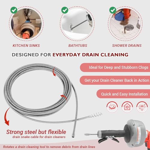 Replacement Drain Snake Cable Compatible with Ridgid K-45 & K-45AF Auto-Spin Drain Augers, 21338 Inner Core Cable, 30 Ft x 1/4 in
