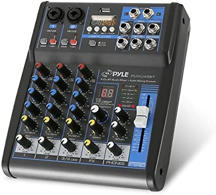 Pyle 4 Channel Audio Mixer with Bluetooth - DJ Sound Board Controller - USB Computer Input - Built-in MP3 Player - 48V Phantom Power - 3 Band EQ