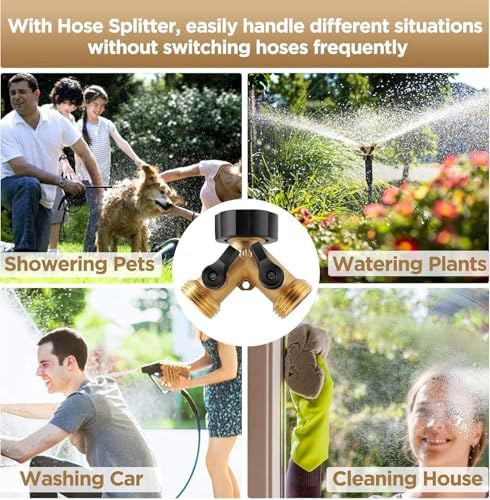 IPOW Brass Heavy Duty 2 Way Y Valve Garden Hose Splitter Adapter High Flow Spigot Splitter + 6 Rubber Hose Washers with Comfort Grip Use