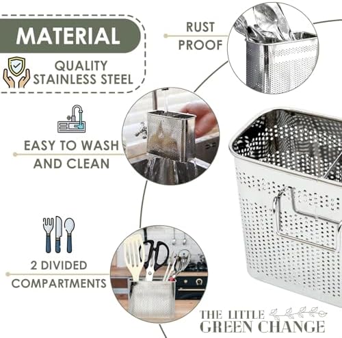 Kitchen Utensils Chopsticks Holder Drying Rack Basket with Hooks 2 Divided Compartments Quality Stainless Steel Large L5.4 X H4.3 X W2.6