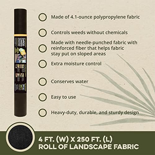 Dewitt Professional Max Weed Barrier Fabric 4.1 oz, Black, 4 x 250 Feet – Heavy-Duty Weed Control and Ground Cover for Gardens, Beds, Mulch, Outdoor Landscaping, and Yard Areas