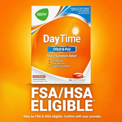 AXIV Daytime Multi-Symptom, Daytime Cold and Flu Relief Softgels, Non-Drowsy Cold Medicine, Relief of Pain, Sore Throat, Minor Aches and Pains, Fever, Cough, 24 Count