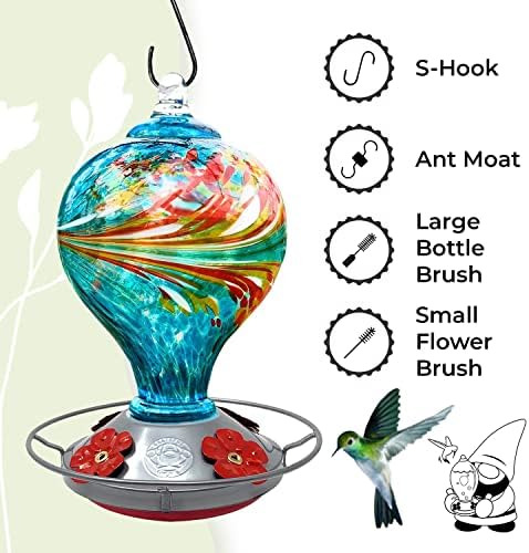 Hummingbird Feeder by Grateful Gnome - Large Hand Blown Stained Glass Feeder for Garden, Patio, Outdoors, Window with Accessories S-Hook, Ant Moat