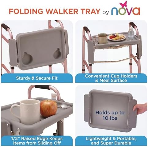 NOVA Folding Walker Tray Accessory – Flip-Up Walker Tray with 2 Cup Holders for Food