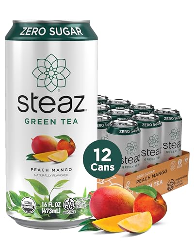 Steaz - Organic Green Tea - Peach (12 Pack) - 30mg Natural Caffeine, 70 Calories,Cane Sugar - Sweetened Iced Tea - Regenerative Organic Certified®️ - Vegan, Direct Trade - 12 Cans, 16 fl oz