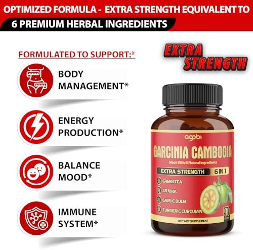 Pure Garcinia Cambogia Capsules - 6in1 with Green Tea, Arjuna, Garlic Bulb, Turmeric & Black Pepper - 90 Counts