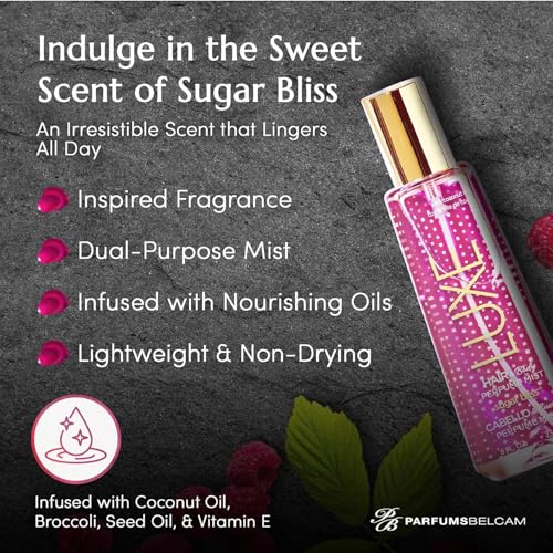Luxe Perfumery Sugar Bliss Hair & Body Perfume Mist – Sweet Gourmand Fragrance with Raspberry, Chocolate, Vanilla & Musk – Hydrating Coconut Oil & Glycerin, Lightweight Daily Mist for Women, 8 Fl Oz