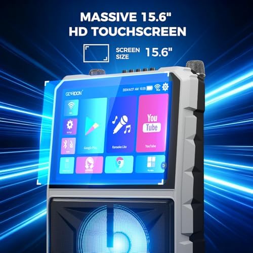 Karaoke Machine with Lyrics Display Screen for Adults, 15" Tablet | Bluetooth Speaker with 2 Rechargeable UHF Mics, 1000W Peak Power, DJ Lights, Portable Karaoke System for Any Occasion