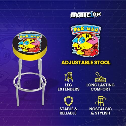 Arcade1Up Adjustable Padded Arcade Game Stool, Steel Frame, Pac-Man, 21.5" to 29.5"- with Leg Extenders, Padded Seat, and Chrome Steel Finish for Home