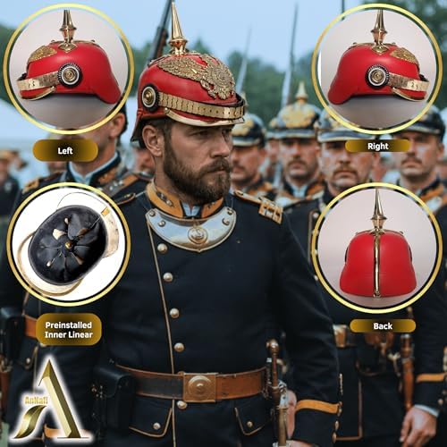 AnNafi Red German Pickelhaube Helmet, Leather Pickelhauben Imperial Prussian Helmet, Brass Military Officer Spiked Men’s Costume