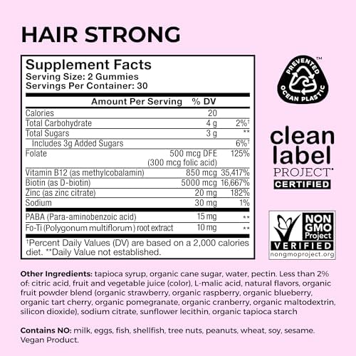 HUM Hair Strong Strawberry Gummies, Hair Growth Support, 60 Count | Folic Acid, Fo-Ti Root Extract, Biotin, Zinc & B12, Vegan Strawberry Gummies, Women & Men