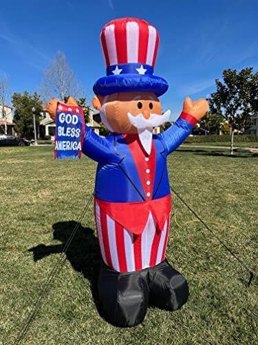 6 Foot Tall Patriotic Independence Day 4th of July Inflatable Uncle Sam | God Bless America Flag, Pre-Lit LED Lights, Outdoor Indoor